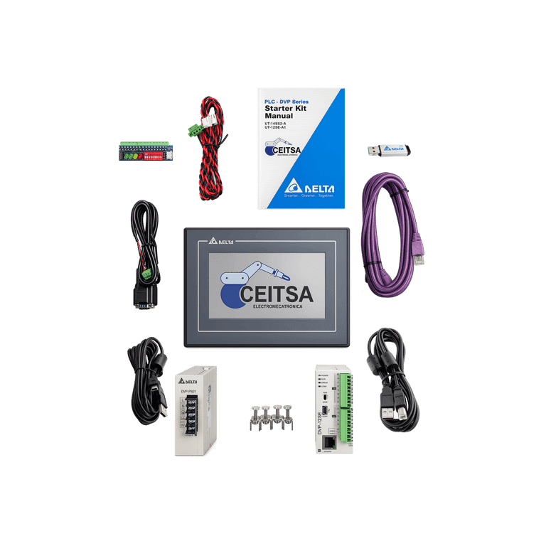 Paquete de Programación: PLC Ethernet, HMI, Fuente, Cable programación, Módulo IOs, USB Programador STARTER KIT - Delta UT-12SE-A1