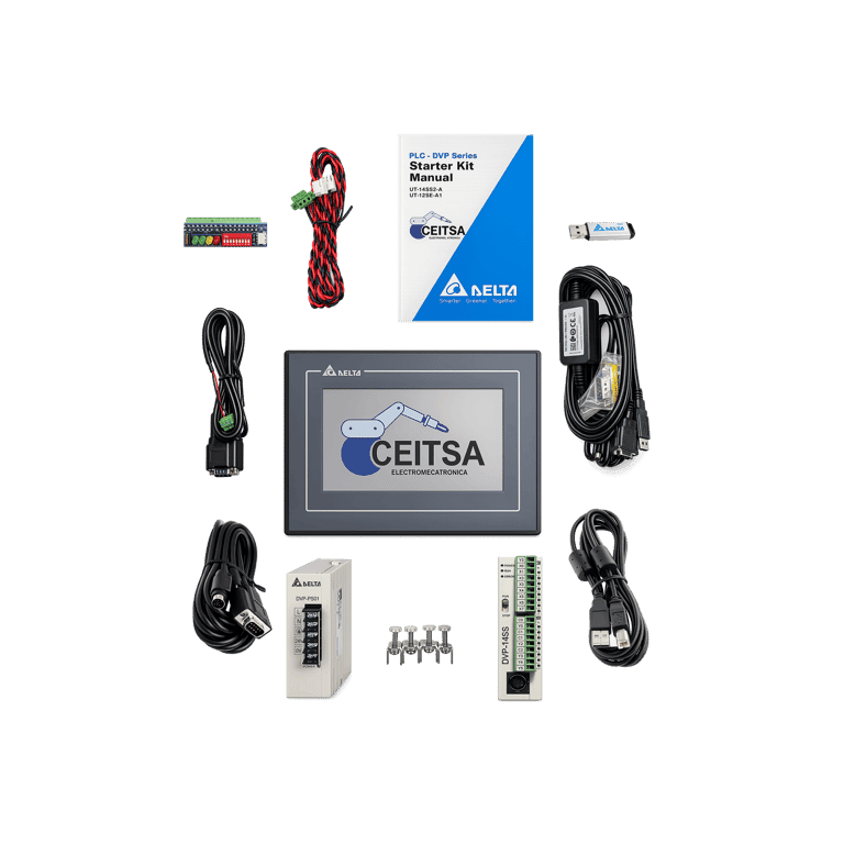 Paquete de Programación: PLC Modbus, HMI, Fuente, Cable programación, Módulo IOs, USB Programador STARTER KIT-  Delta UT-14SS2-A