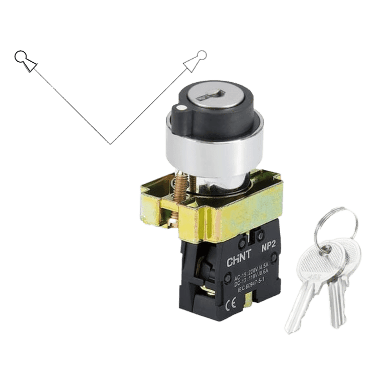 KIT Selector 2 Posiciones Fijas Metálico,1 NO Ambas Posiciones para liberar llave, montaje ø 22 mm - CHINT NP2-BG21B
