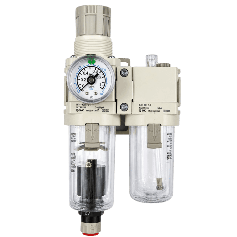 Unidad de Mantenimiento FRL 2 Módulos, 0.05 - 0.85 MPa, 5 μm 3/8" NPT Manómetro, Purga automática Vaso Policarbonato - SMC AC30A-N03CG-Z-D - 425989  