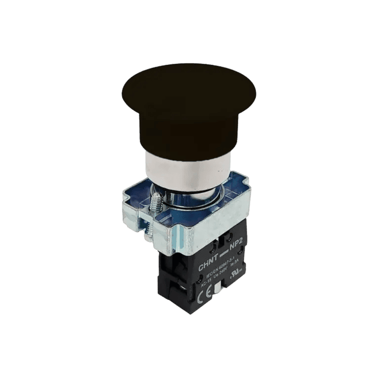 Botón Hongo Momentáneo Metálico Negro 1 NO cabeza ø 40 mm, montaje ø 22 mm, NP2 - Chint NP2-BC21 - 573969
