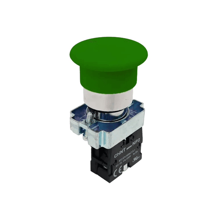 Botón Hongo Momentáneo Metálico Verde 1 NO cabeza ø 40 mm, montaje ø 22 mm, NP2 - Chint NP2-BC31 - 573971 