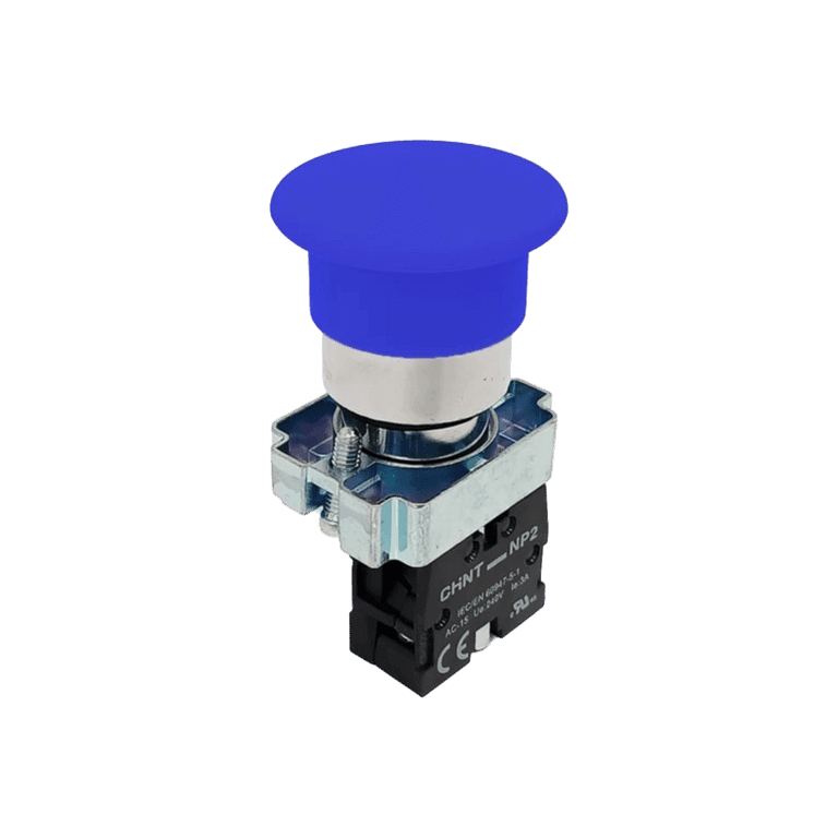 Botón Hongo Momentáneo Metálico Azul 1 No, Cabeza ø 40 mm, montaje ø 22 mm, NP2 - Chint NP2-BC61 - 575556