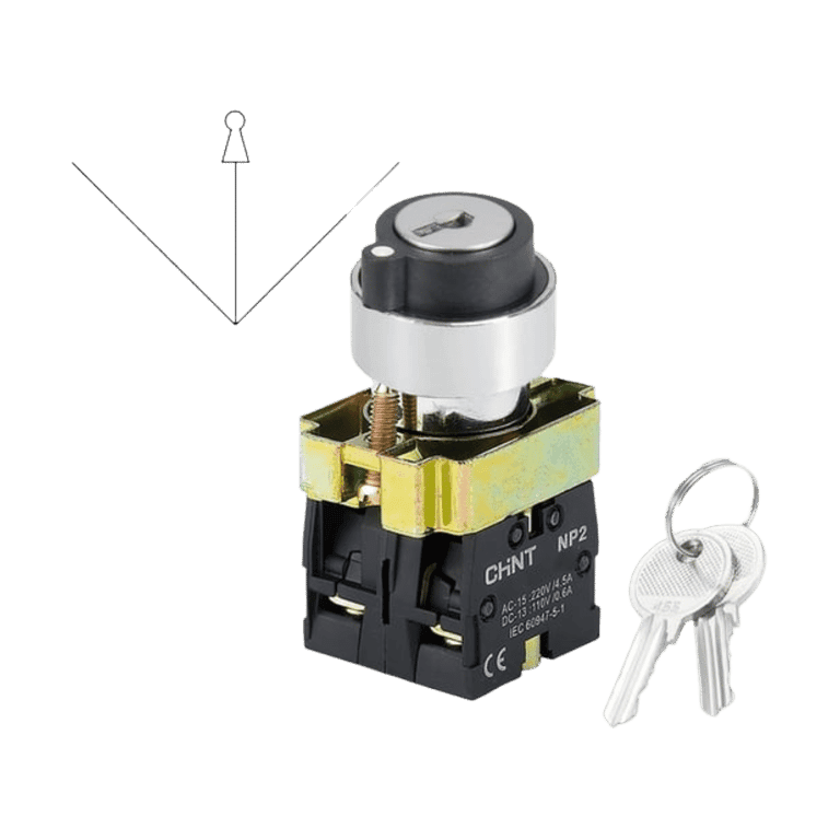 Selector 3 Posiciones Fijas 1 NO + 1 NC Metálico con Llave, montaje ø 22 mm - Chint NP2-BG35