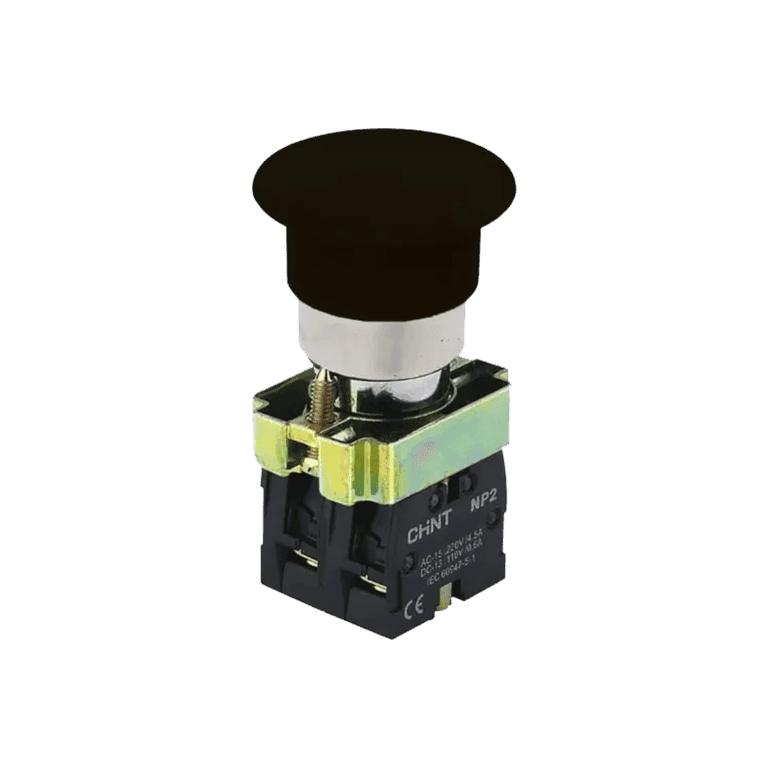 Botón Hongo Momentáneo Metálico Negro 2 NC cabeza ø 40 mm, montaje ø 22 mm, NP2 - Chint NP2-BC24 - 575950 