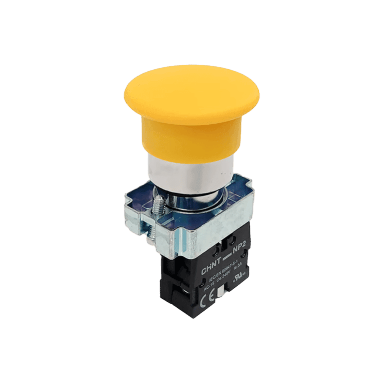 Botón Hongo Momentáneo Metálico Amarillo 1 NO cabeza ø 40 mm, montaje ø 22 mm, NP2 - Chint NP2-BC51 - 575953 