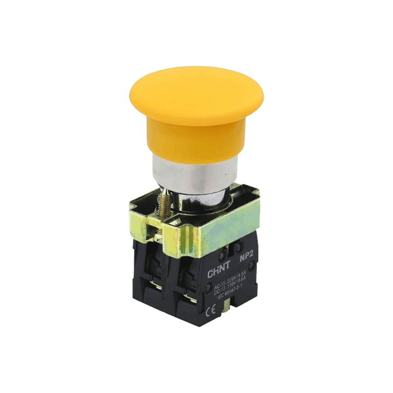 Botón Hongo Momentáneo Metálico Amarillo 2 NO cabeza ø 40 mm, montaje ø 22 mm, NP2 - Chint NP2-BC53 - 575954 