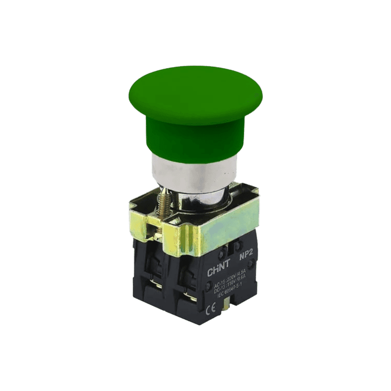 Botón Hongo Momentáneo Metálico Verde 2 NO cabeza ø 40 mm, montaje ø 22 mm, NP2 - Chint NP2-BC33 - 574228