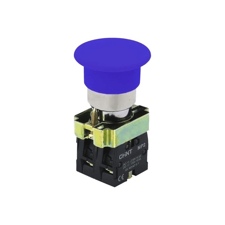 Botón Hongo Momentáneo Metálico Azul  1 NC + 1 NO, Cabeza ø 40 mm, montaje ø 22 mm, NP2 - Chint NP2-BC65 - 575958