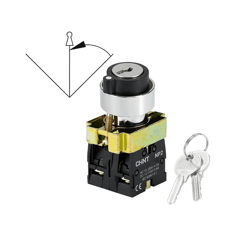 KIT Selector 3 Posiciones Momentaneo (Extracción de llave en posicion central) 1 NO + 1 NC Metálico, montaje ø 22 mm  - Chint NP2-BG84 - 412146