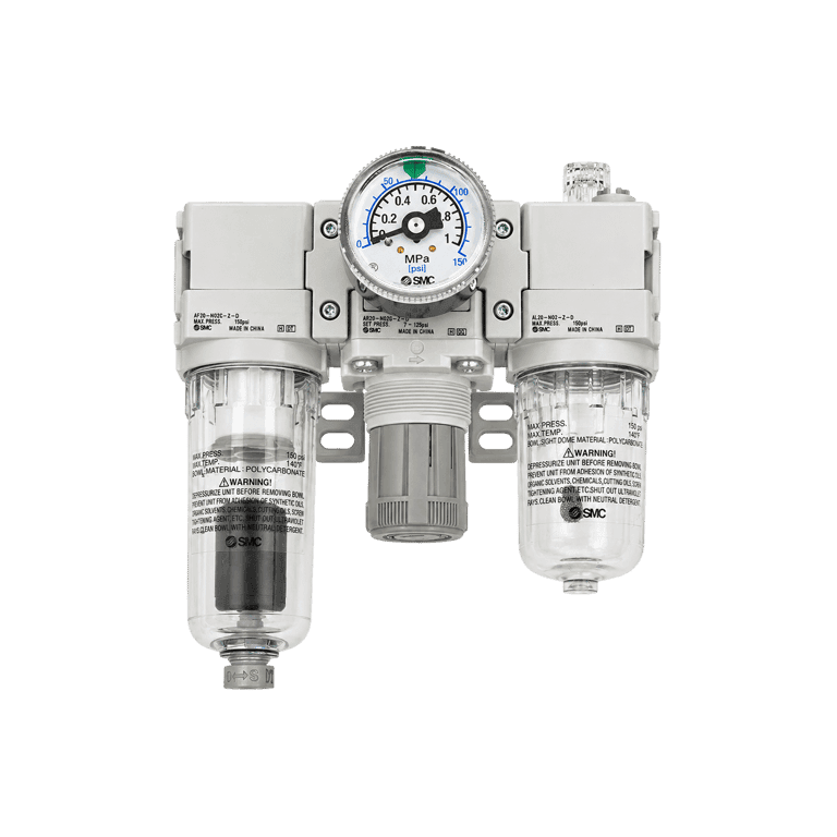 Unidad de Mantenimiento FRL 3 Módulos, 0.05 - 0.85 MPa, 5 μm 1/4" NPT Purga Automática, Manómetro Vaso Policarbonato - SMC AC20-N02CG-Z-D - 375410