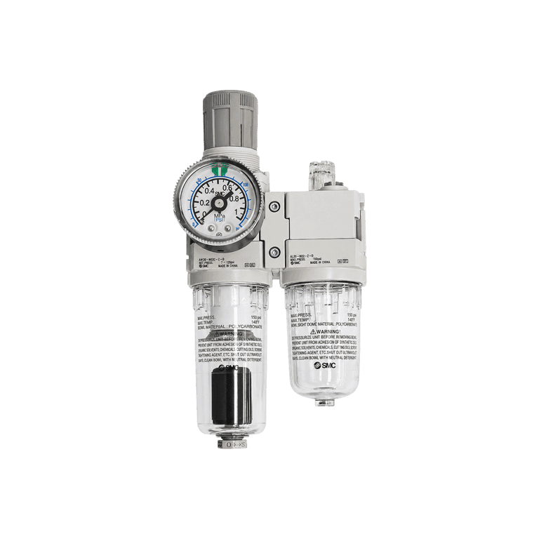 Unidad de Mantenimiento FRL 2 Módulos, 0.05 - 0.85 MPa, 5 μm 1/4" NPT Purga Automática, Manómetro Vaso Policarbonato - SMC AC20A-N02CG-Z-D - 375411
