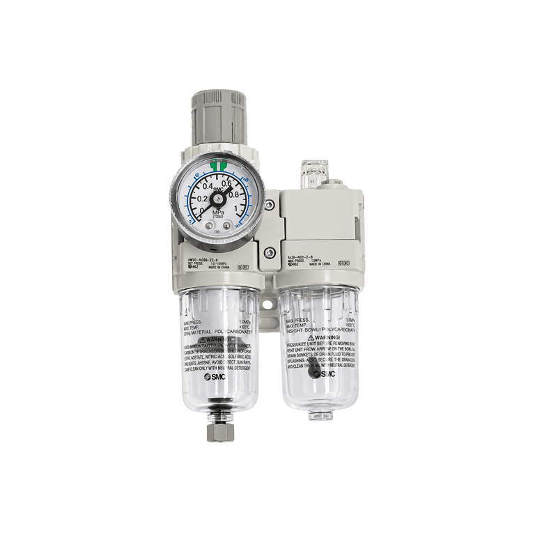 Unidad de Mantenimiento FRL 2 Módulos, 0.05 - 0.85 MPa, 5 μm 1/4" NPT Manómetro Vaso Policarbonato - SMC AC20A-N02G-Z-D - 375415