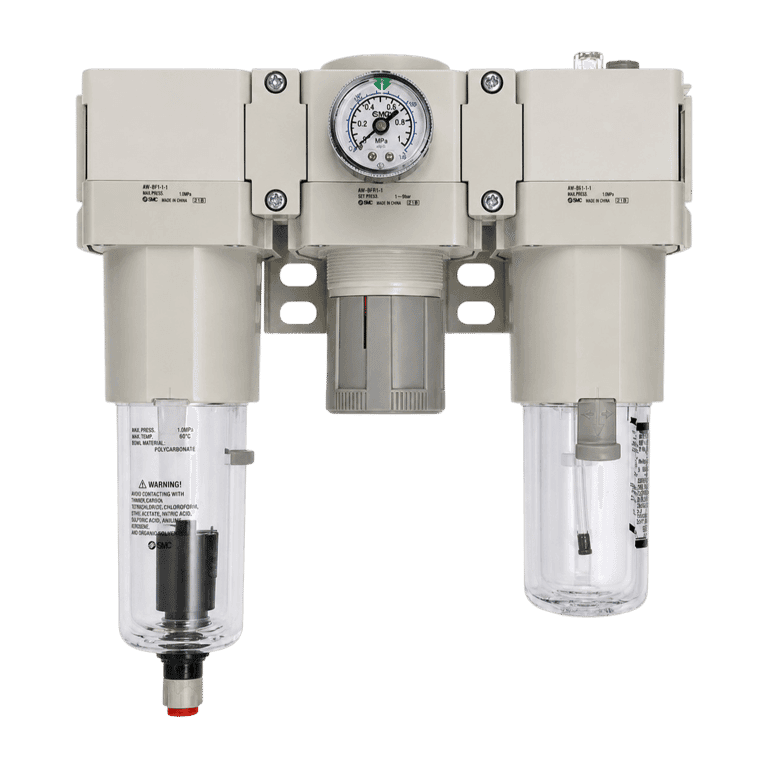 Unidad de Mantenimiento FRL 3 Módulos, 0.05 - 0.85 MPa, 5 μm 1" NPT Purga Automática, Manómetro Vaso Policarbonato - SMC AC50-N10CG-Z-D - 427517
