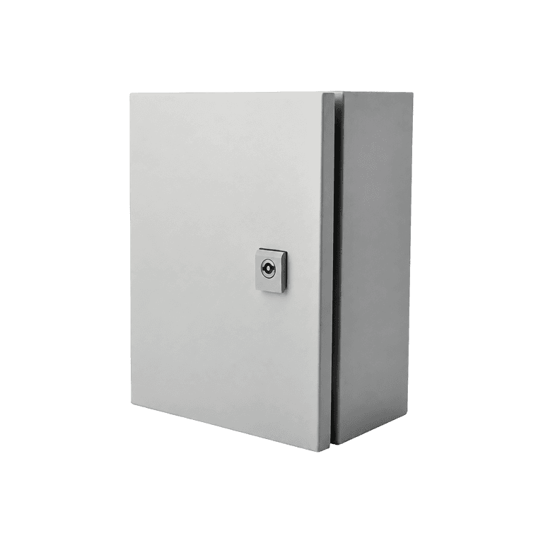 Gabinete metálico 250 x 200 x 150mm, Acero Gris RAL 7032, IP65 con Llave, Placa de Montaje - Derrant DE2520150
