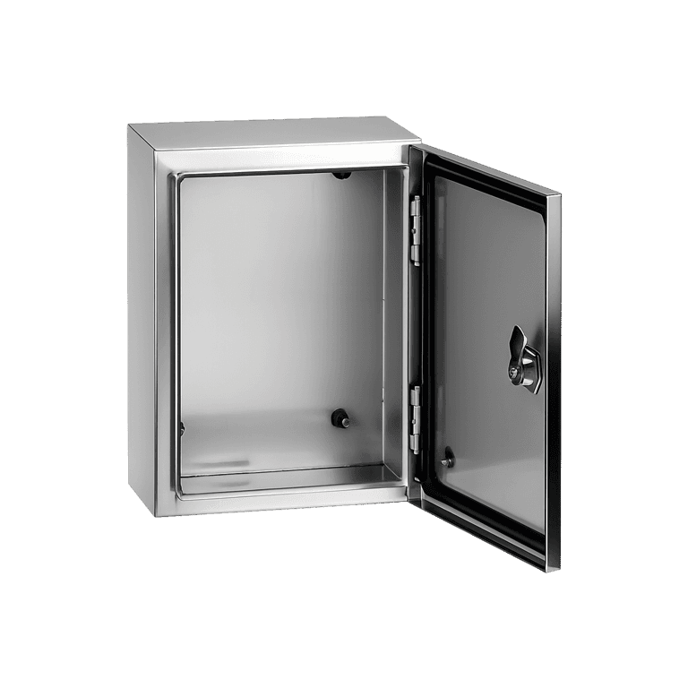 Gabinete metálico Acero Inoxidable 400 x 300 x 200mm, IP66, NEMA 4X, con Llave, Placa de Montaje - Derrant DE43200-INOX
