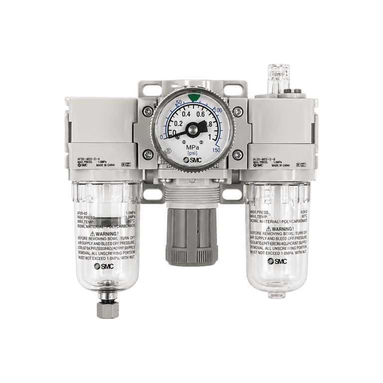 Unidad de Mantenimiento FRL 3 Módulos, 0.05 - 0.85 MPa, 5 μm 1/4" NPT Purga Automática, Manómetro Vaso Policarbonato - SMC AC20-N02G-Z-D - 375128
