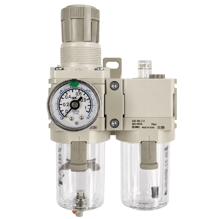 Unidad de Mantenimiento FRL 2 Módulos, 0.05 - 0.85 MPa, 5 μm 3/8" NPT Manómetro, Purga manual Vaso Policarbonato - SMC AC30A-N03G-Z-D - 375402
