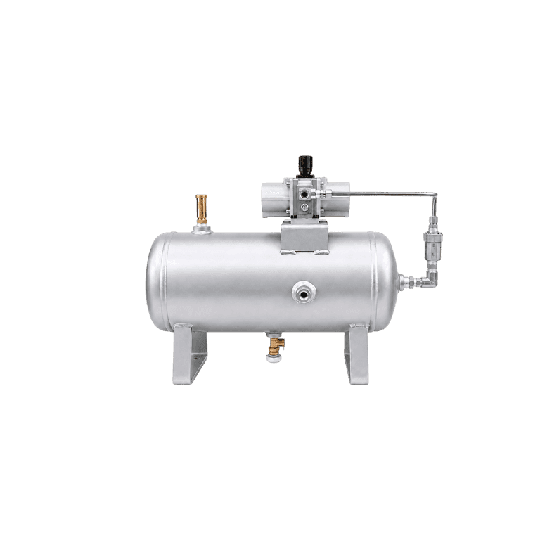 KIT Booster Multiplicador de Presión con Tanque de Aire 10 litros con Tubing Inox, Conexiones Inox 1/4" RC de Acero al carbón con Válvula de Seguridad, Válvula de Drenaje, 2.0 MPa, 230 l/min, 0.2 a 2.0  MPa aumento de presión 2 veces hasta 2.0 MPa, Manual - SMC VBA10A-02GN-VBAT10A1-SV-14SSSS