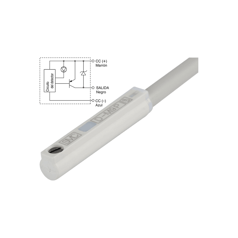 Sensor Magnético Estado Sólido PNP, 5, 12, 24 VCD, En línea, 3 hilos DC, Cable de 3 metros, para Detección Magnética Cilindro Neumático montaje Directo - SMC D-M9PL - 089110
