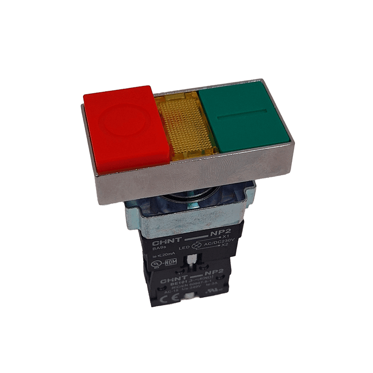 Pulsador Doble Momentáneo Iluminado Metálico Rojo Saliente, Verde Rasante Luminoso 1 NC + 1NO Chint - NP2-BW8465