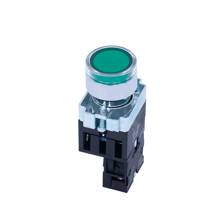 KIT Pulsador Luminoso Momentaneo Metálico Verde Rasante con LED 110 VCA, 1 NO, montaje ø 22 mm, IP40 - Chint NP2-BW3361 L 110