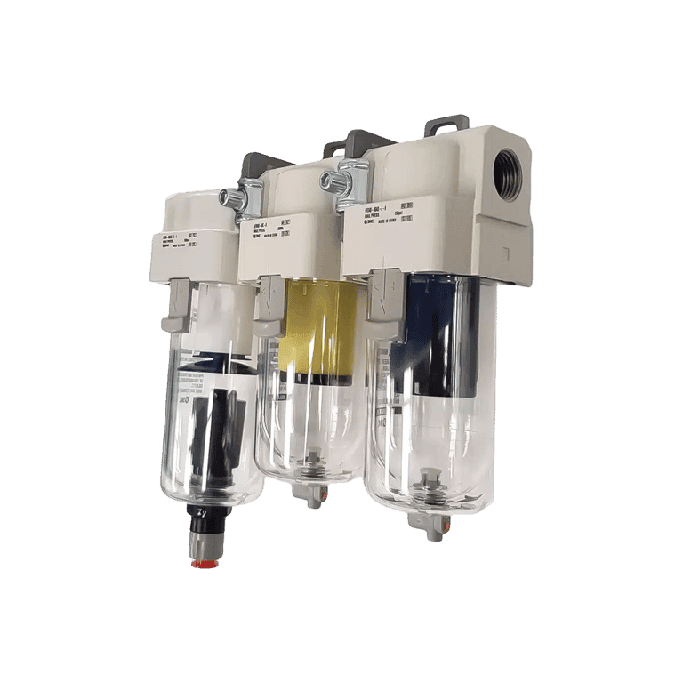 KIT Tren de Filtros 3 Módulos 5 μm + 0.3 μm + 0.01 μm 1/2" NPT Vaso Policarbonato, Purga Automática - SMC AFC-AFM-AFD-30-N03