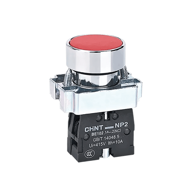Pulsador Momentáneo Metalico  Rojo Rasante 1 NO montaje ø 22 mm - Chint NP2-BA41 - 573958 
