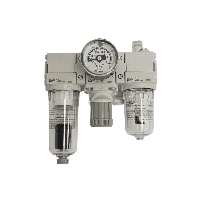 Unidad de Mantenimiento FRL 3 Módulos, 0.05 - 0.85 MPa, 5 μm 1/8" NPT Purga Automática, Manómetro Vaso Policarbonato - SMC AC20-N01CG-Z-D - 375163