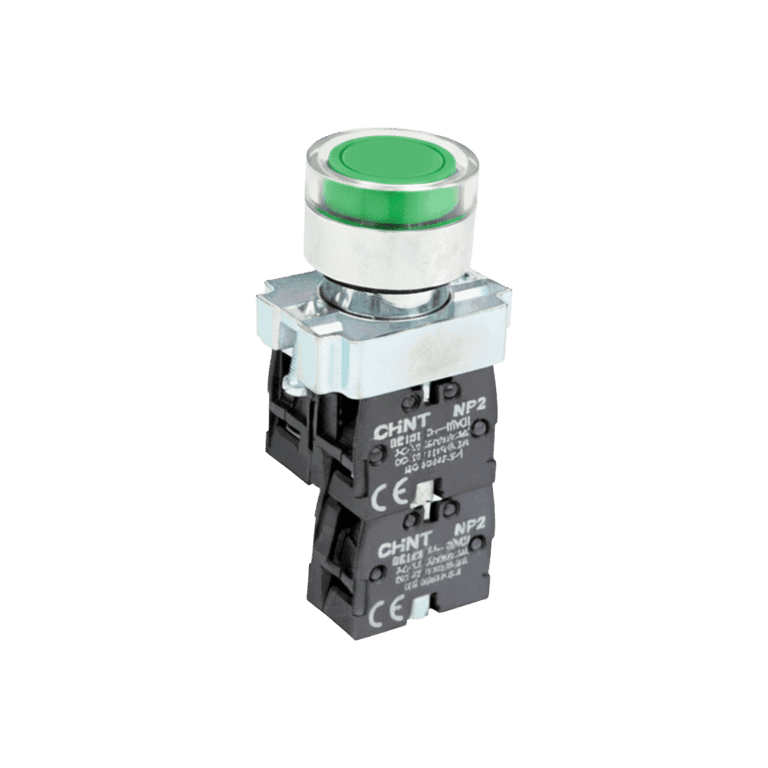 KIT Pulsador Luminoso Momentáneo Metálico Verde Saliente con LED 110 VCA, 1 NO, montaje ø 22 mm, IP40 - Chint NP2-BW1361 110V LED 