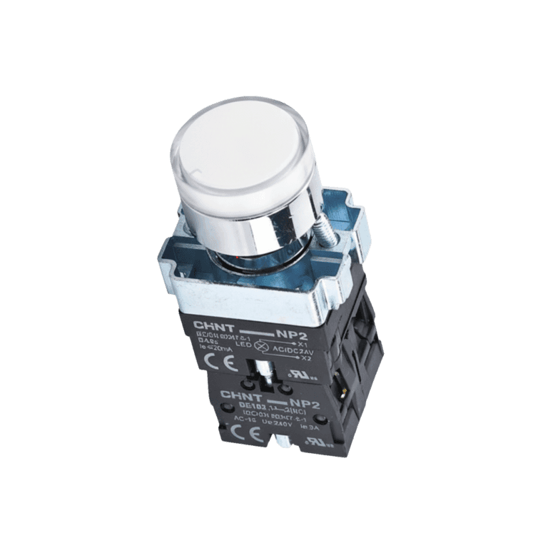 KIT Pulsador Luminoso Momentáneo Metálico Blanco  Rasante con LED 110 VCA, 1 NO + 1 NC, montaje ø 22 mm, IP40 - Chint NP2-BW3165 110V LED - 574338